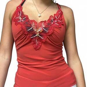 Y2K Vintage Coral Red Halter Top  Floral Embroidery and Sequin Embellishments